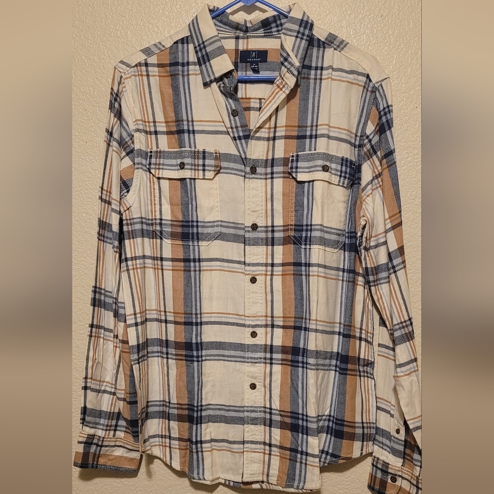 George Men's Long Sleeve Plaid Shirt in Cream, Navy, and Brown